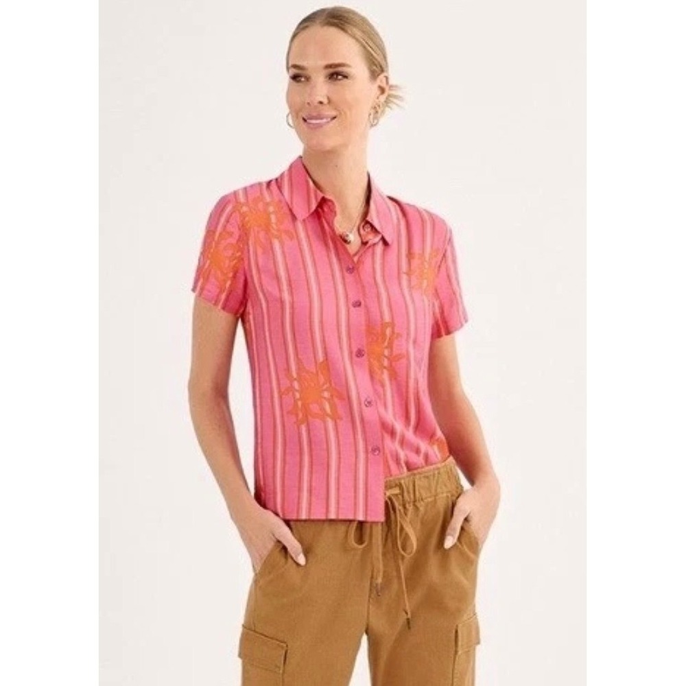 Cabi Cottage Top 6721 Sunny Day Pink Orange Striped Sun Graphic Shirt Womens S